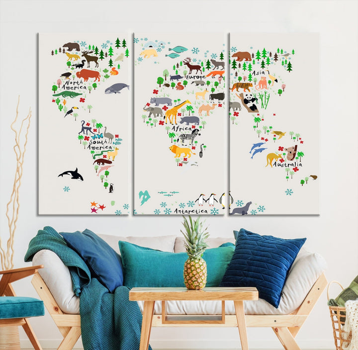 White Animal World Map Canvas Print Educational Wall Art for Kids Room Decor Easy to Hang