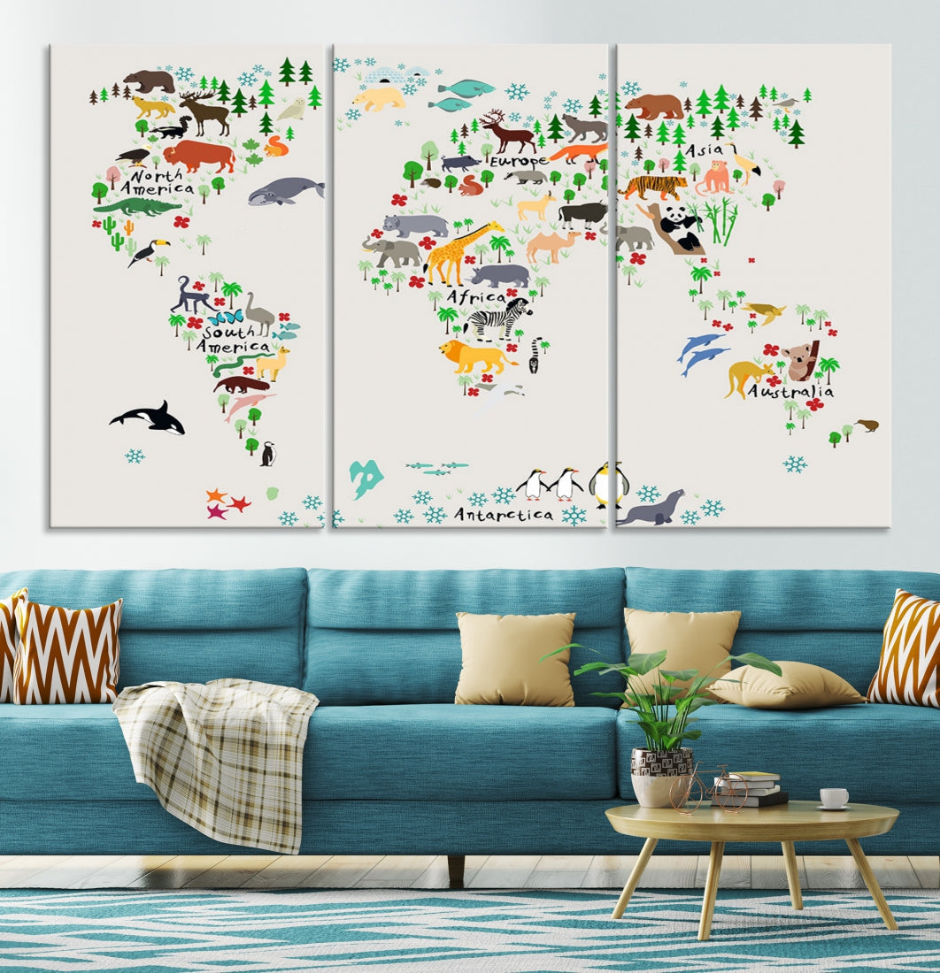 White Animal World Map Canvas Print Educational Wall Art for Kids Room Decor Easy to Hang