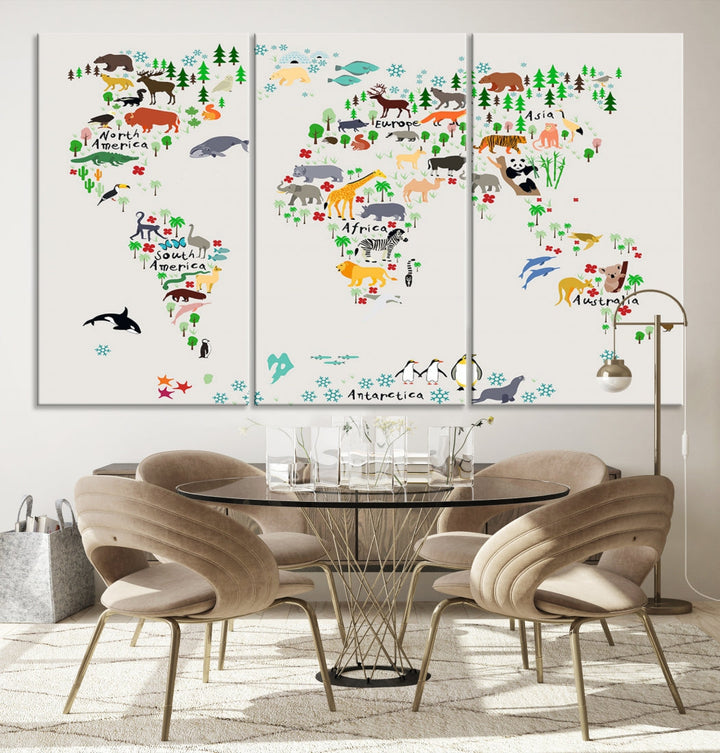 White Animal World Map Canvas Print Educational Wall Art for Kids Room Decor Easy to Hang