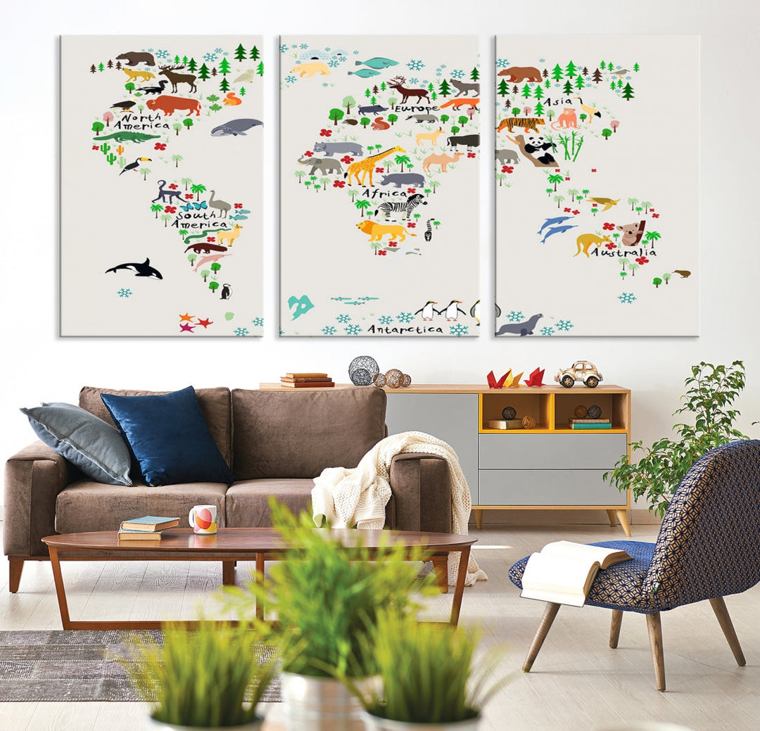 White Animal World Map Canvas Print Educational Wall Art for Kids Room Decor Easy to Hang