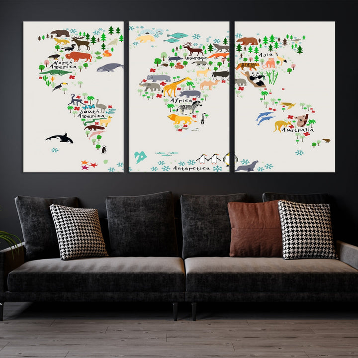 White Animal World Map Canvas Print Educational Wall Art for Kids Room Decor Easy to Hang