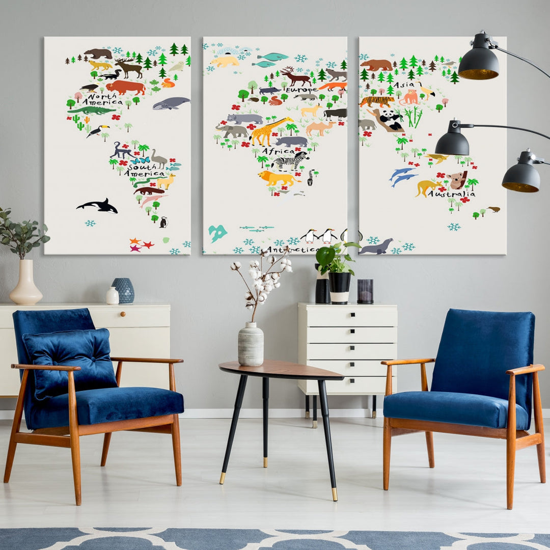 White Animal World Map Canvas Print Educational Wall Art for Kids Room Decor Easy to Hang