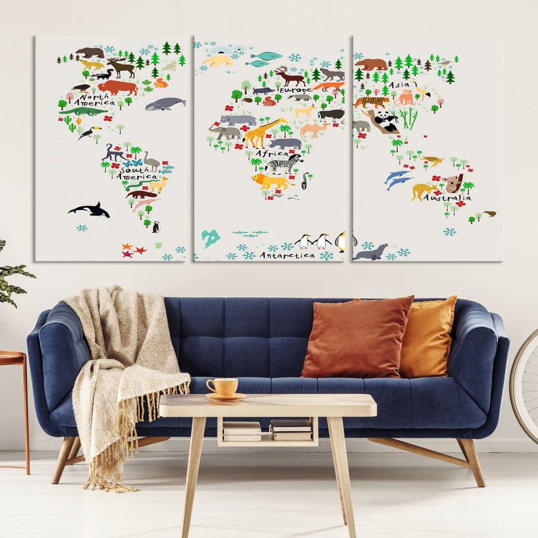 White Animal World Map Canvas Print Educational Wall Art for Kids Room Decor Easy to Hang