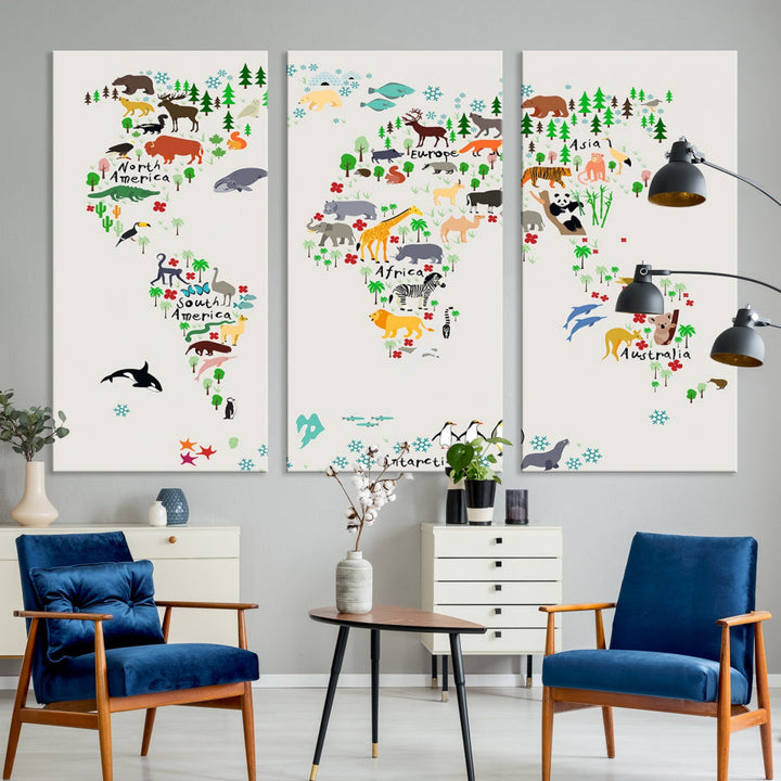 White Animal World Map Canvas Print Educational Wall Art for Kids Room Decor Easy to Hang