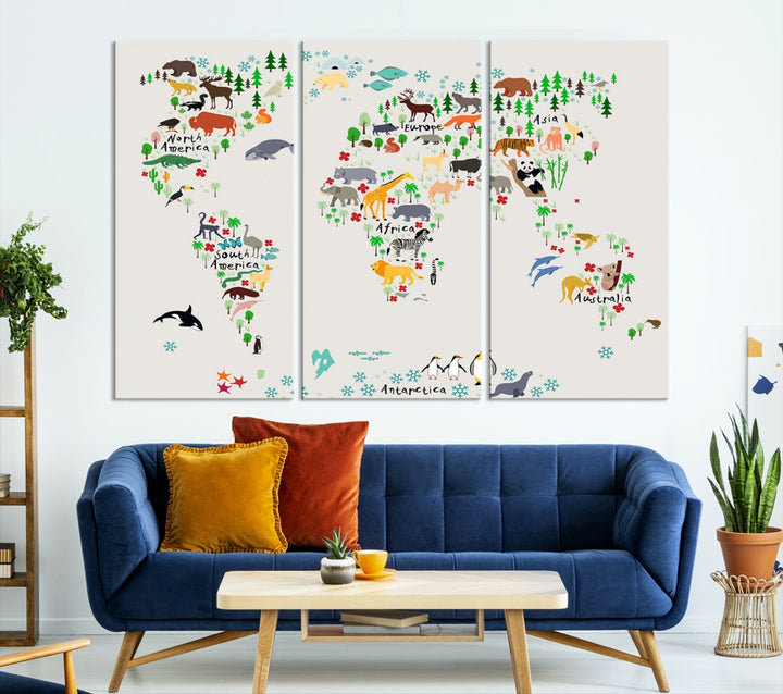 White Animal World Map Canvas Print Educational Wall Art for Kids Room Decor Easy to Hang