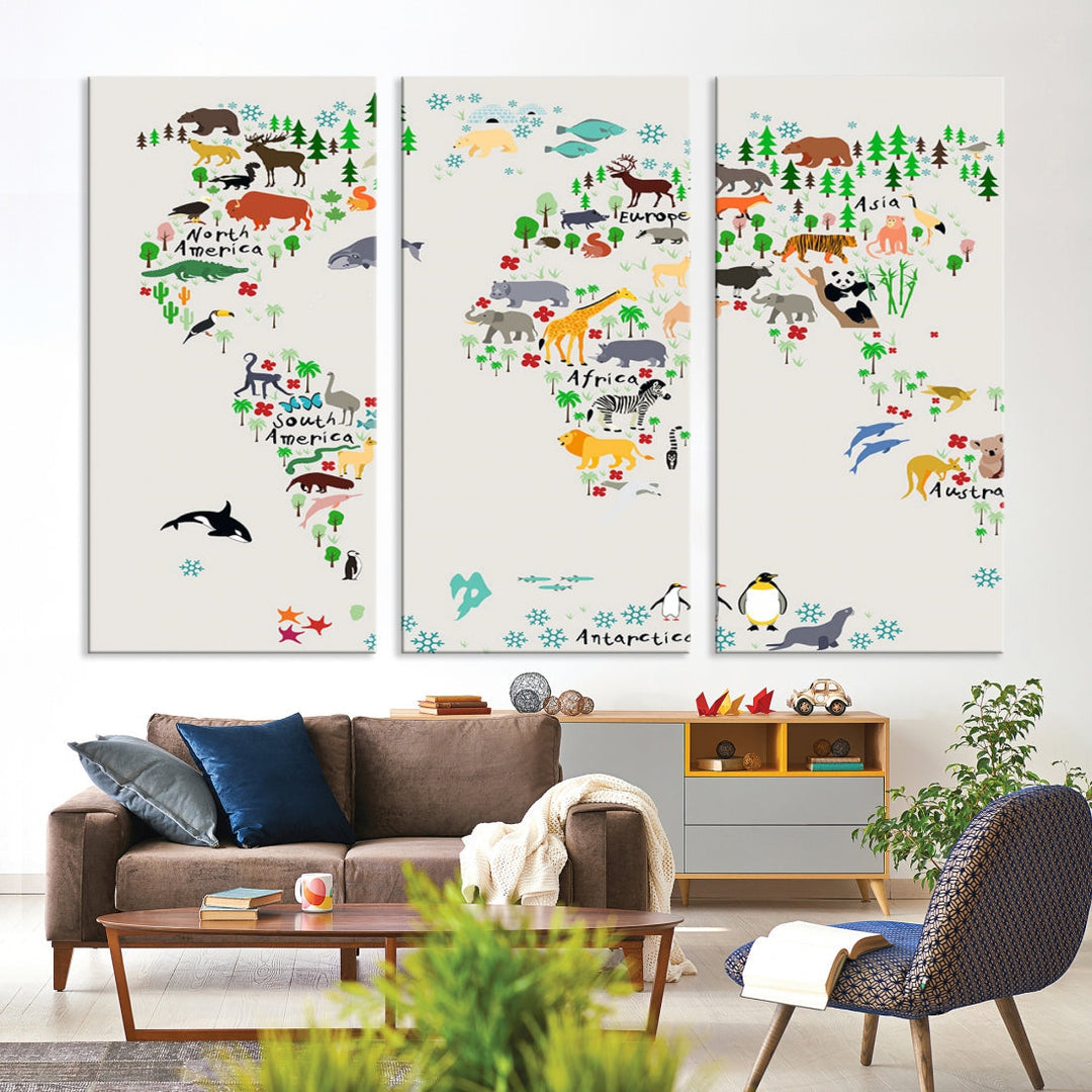 White Animal World Map Canvas Print Educational Wall Art for Kids Room Decor Easy to Hang