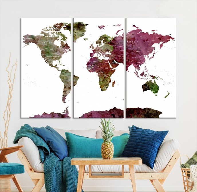 White Background Watercolor Detailed Push Pin World Map Canvas Wall Art Print