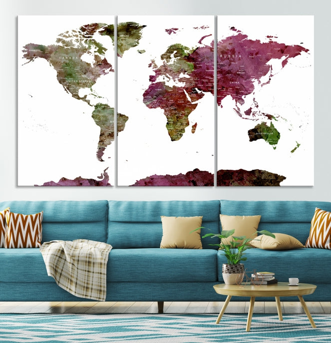 White Background Watercolor Detailed Push Pin World Map Canvas Wall Art Print