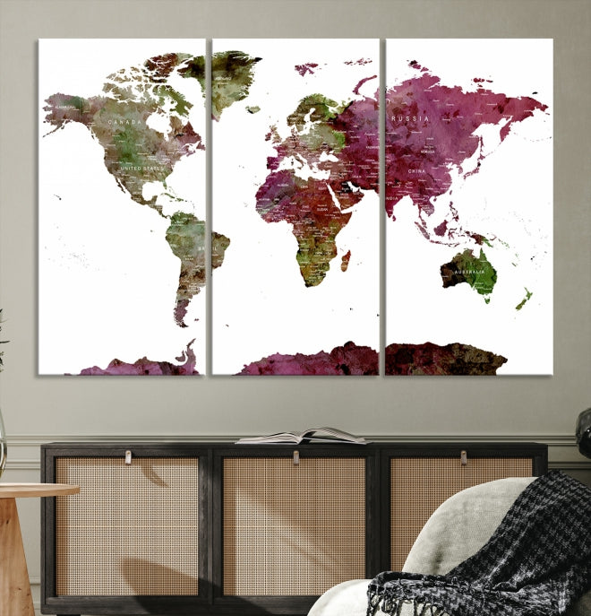 White Background Watercolor Detailed Push Pin World Map Canvas Wall Art Print