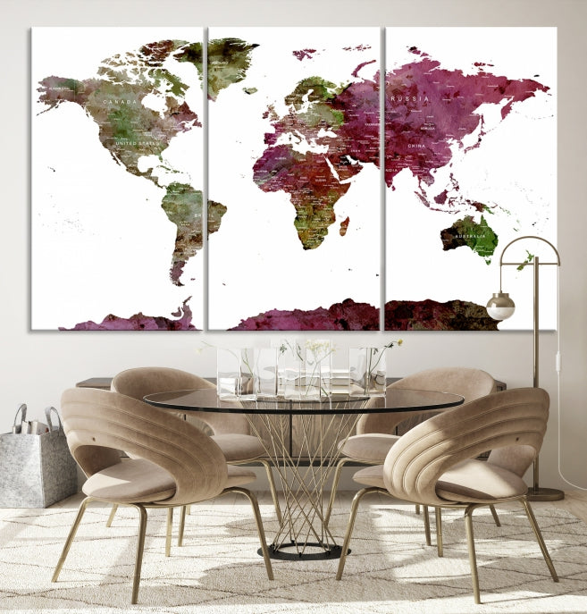 White Background Watercolor Detailed Push Pin World Map Canvas Wall Art Print