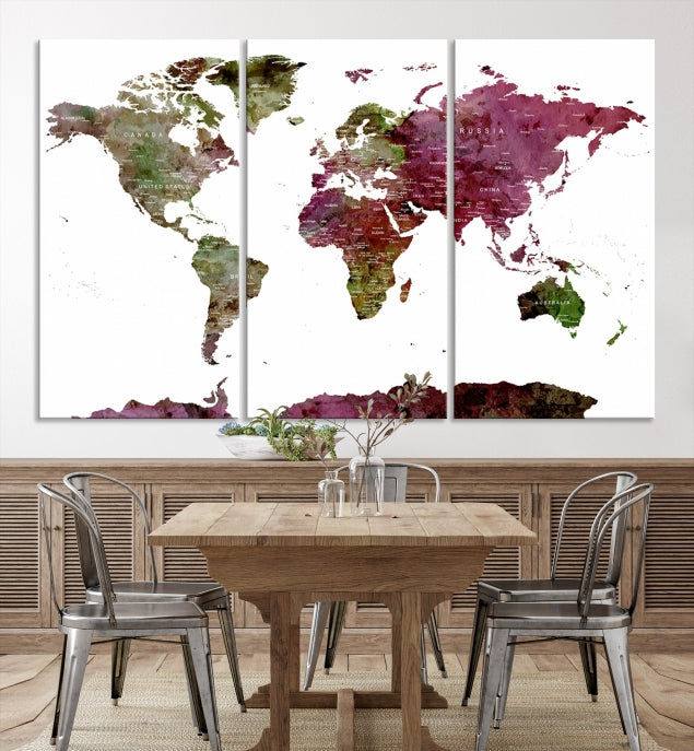 White Background Watercolor Detailed Push Pin World Map Canvas Wall Art Print