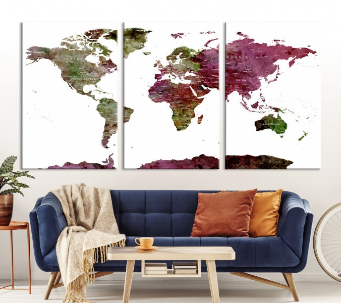 White Background Watercolor Detailed Push Pin World Map Canvas Wall Art Print