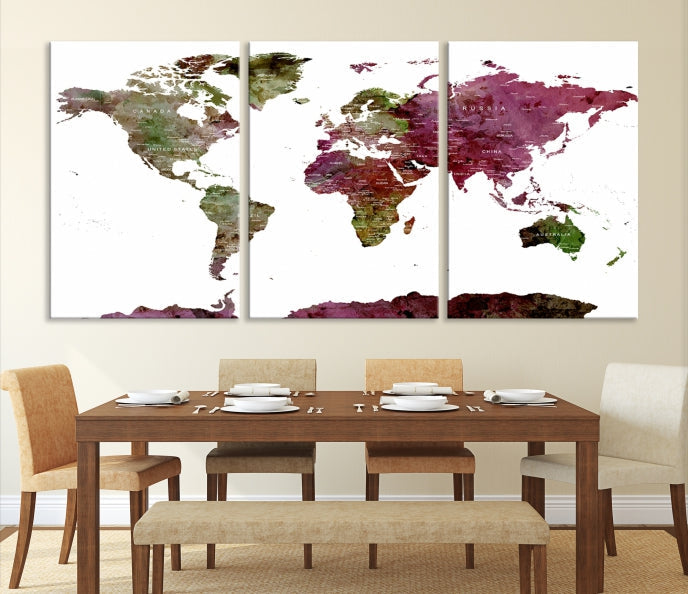 White Background Watercolor Detailed Push Pin World Map Canvas Wall Art Print