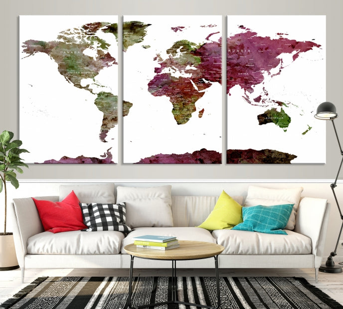 White Background Watercolor Detailed Push Pin World Map Canvas Wall Art Print