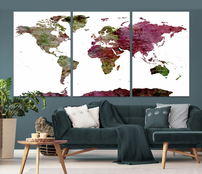 White Background Watercolor Detailed Push Pin World Map Canvas Wall Art Print