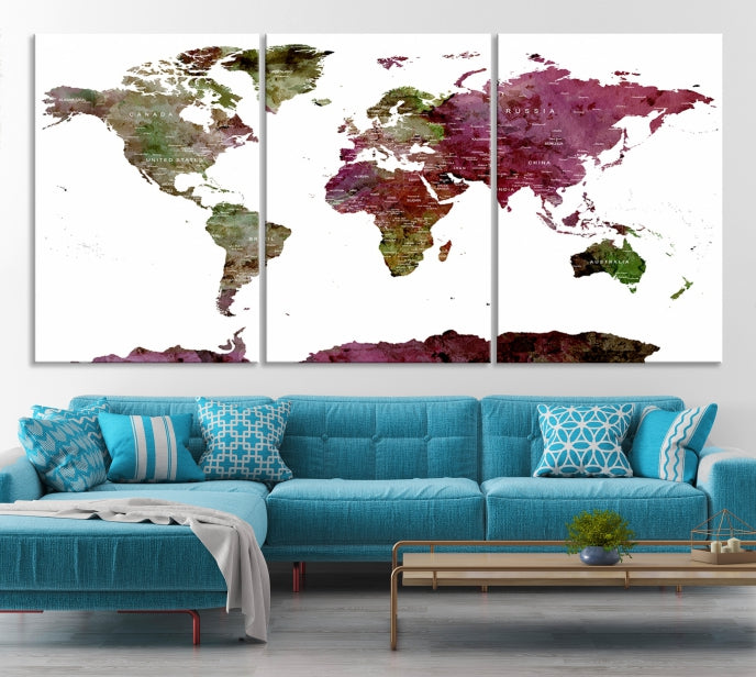 White Background Watercolor Detailed Push Pin World Map Canvas Wall Art Print