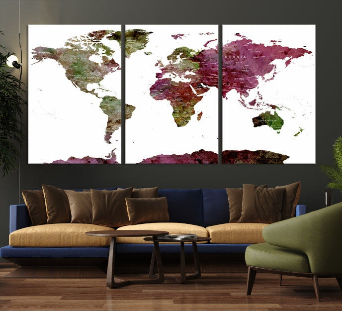 White Background Watercolor Detailed Push Pin World Map Canvas Wall Art Print