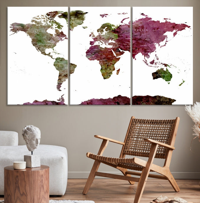 White Background Watercolor Detailed Push Pin World Map Canvas Wall Art Print