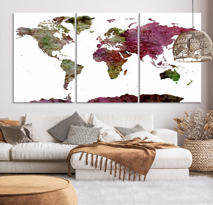 White Background Watercolor Detailed Push Pin World Map Canvas Wall Art Print