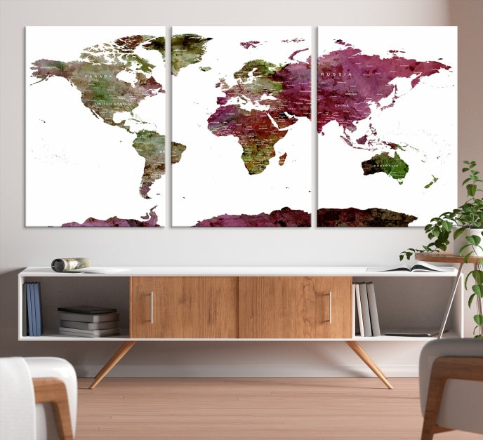 White Background Watercolor Detailed Push Pin World Map Canvas Wall Art Print