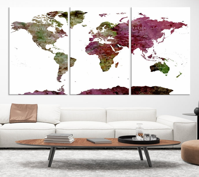 White Background Watercolor Detailed Push Pin World Map Canvas Wall Art Print