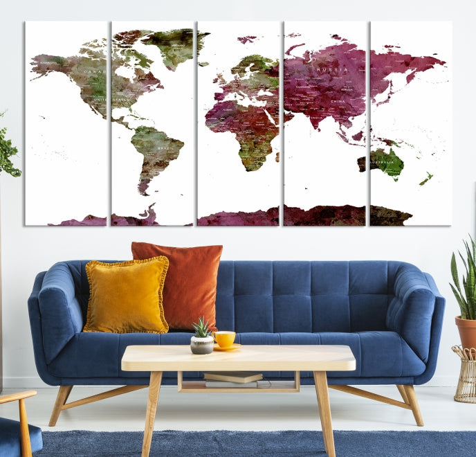 White Background Watercolor Detailed Push Pin World Map Canvas Wall Art Print