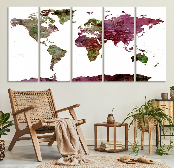 White Background Watercolor Detailed Push Pin World Map Canvas Wall Art Print