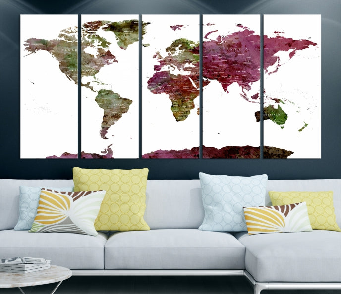 White Background Watercolor Detailed Push Pin World Map Canvas Wall Art Print