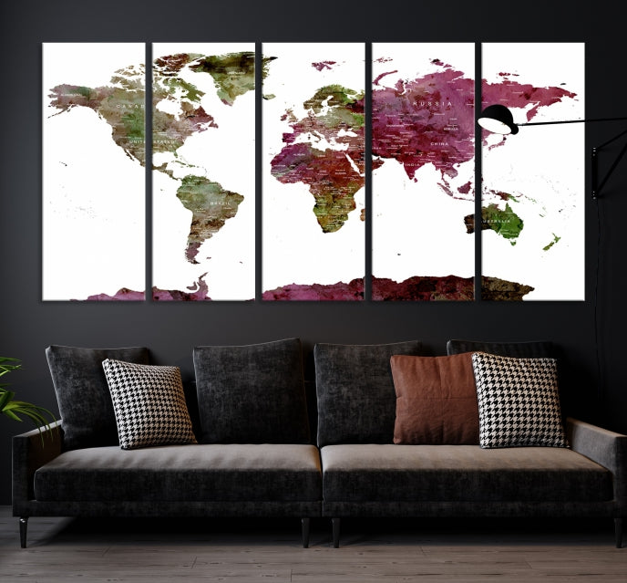 White Background Watercolor Detailed Push Pin World Map Canvas Wall Art Print