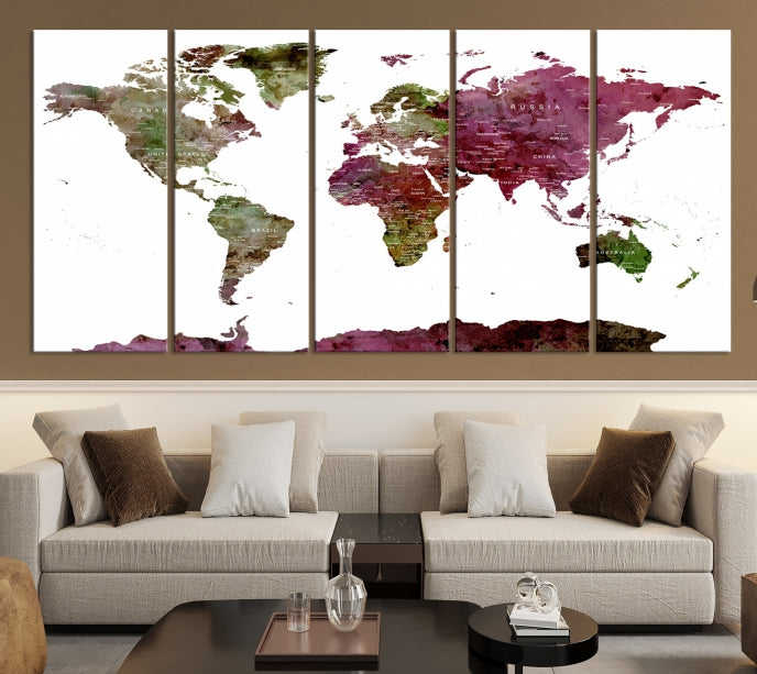 White Background Watercolor Detailed Push Pin World Map Canvas Wall Art Print