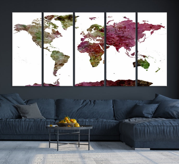 White Background Watercolor Detailed Push Pin World Map Canvas Wall Art Print