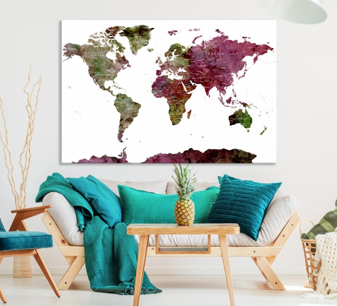 White Background Watercolor Detailed Push Pin World Map Canvas Wall Art Print