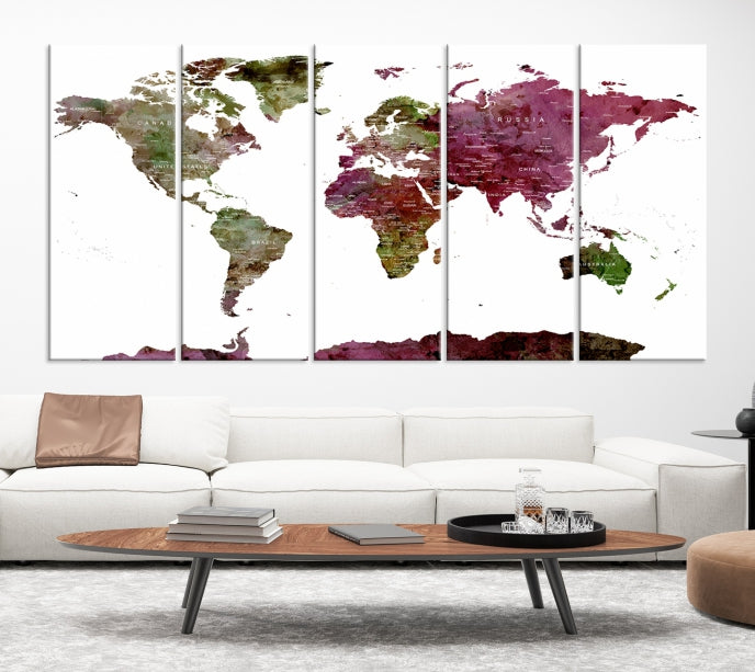 White Background Watercolor Detailed Push Pin World Map Canvas Wall Art Print