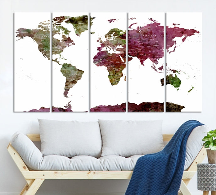 White Background Watercolor Detailed Push Pin World Map Canvas Wall Art Print