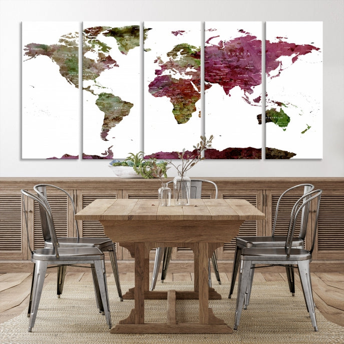 White Background Watercolor Detailed Push Pin World Map Canvas Wall Art Print