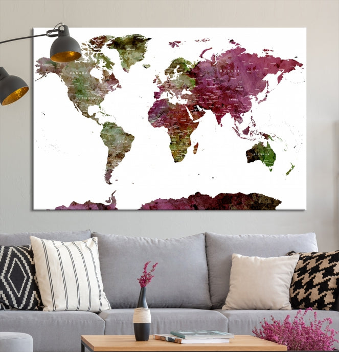 White Background Watercolor Detailed Push Pin World Map Canvas Wall Art Print