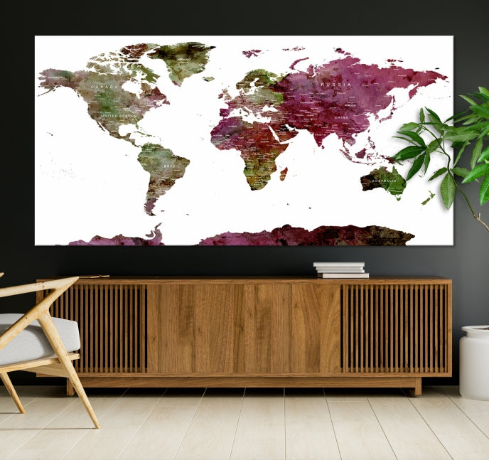 White Background Watercolor Detailed Push Pin World Map Canvas Wall Art Print