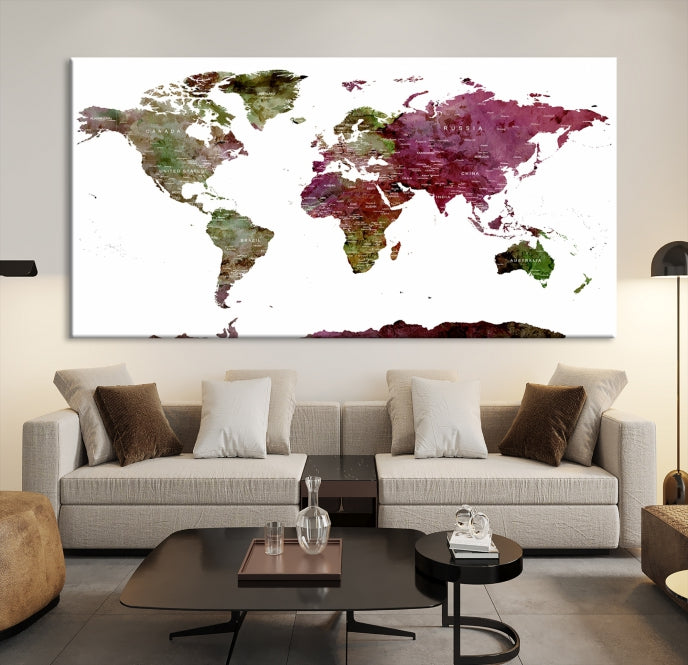 White Background Watercolor Detailed Push Pin World Map Canvas Wall Art Print