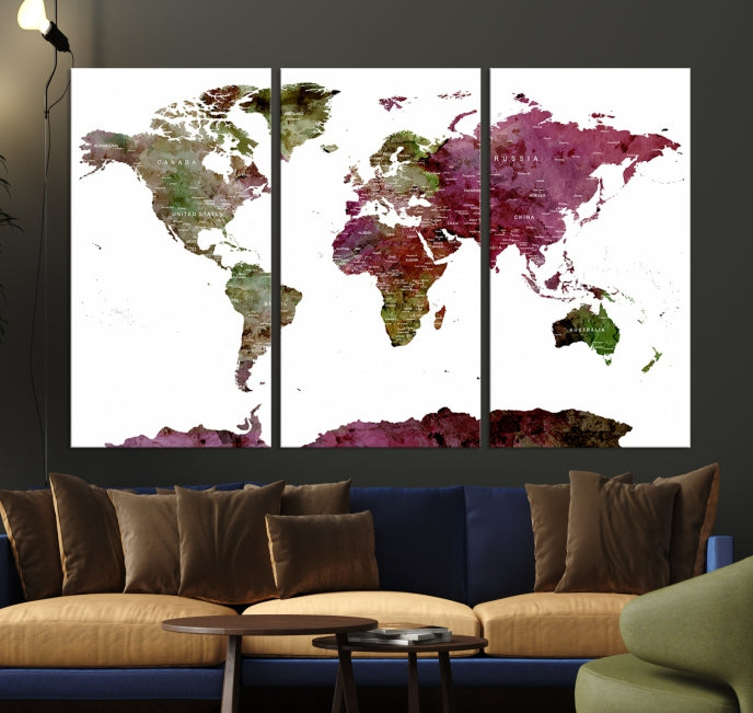 White Background Watercolor Detailed Push Pin World Map Canvas Wall Art Print