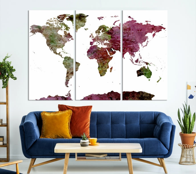 White Background Watercolor Detailed Push Pin World Map Canvas Wall Art Print