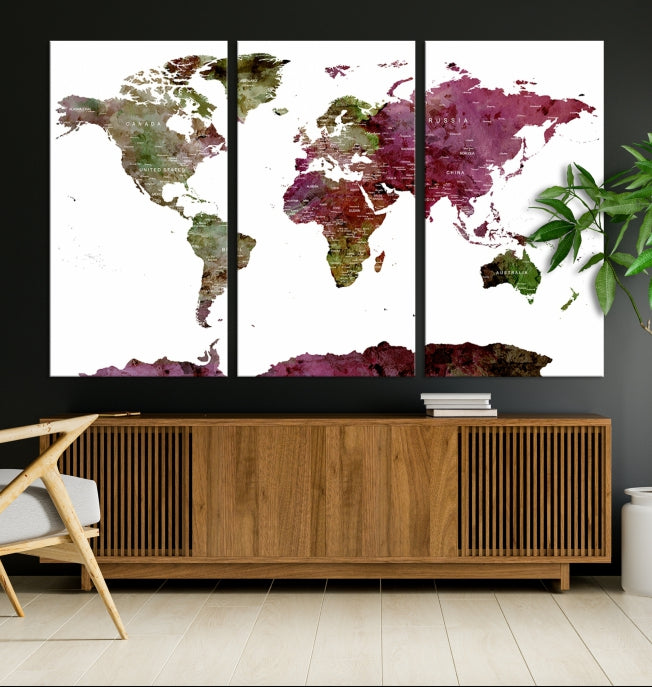 White Background Watercolor Detailed Push Pin World Map Canvas Wall Art Print