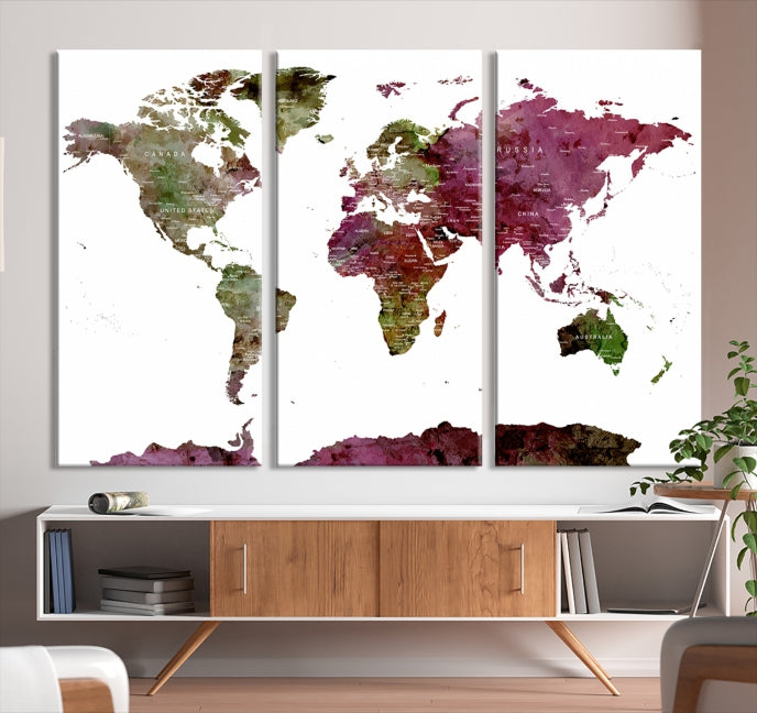 White Background Watercolor Detailed Push Pin World Map Canvas Wall Art Print