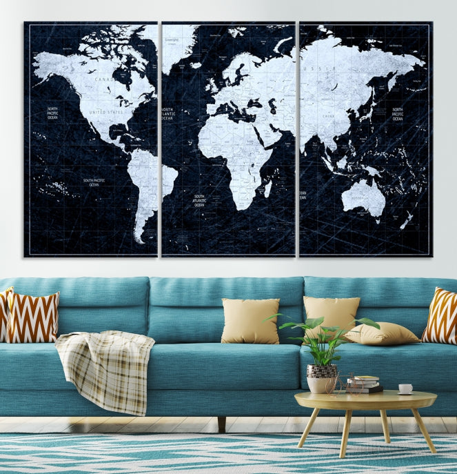 White Colored Push Pin World Map on Jet Black Background Canvas Print Large Wall Art