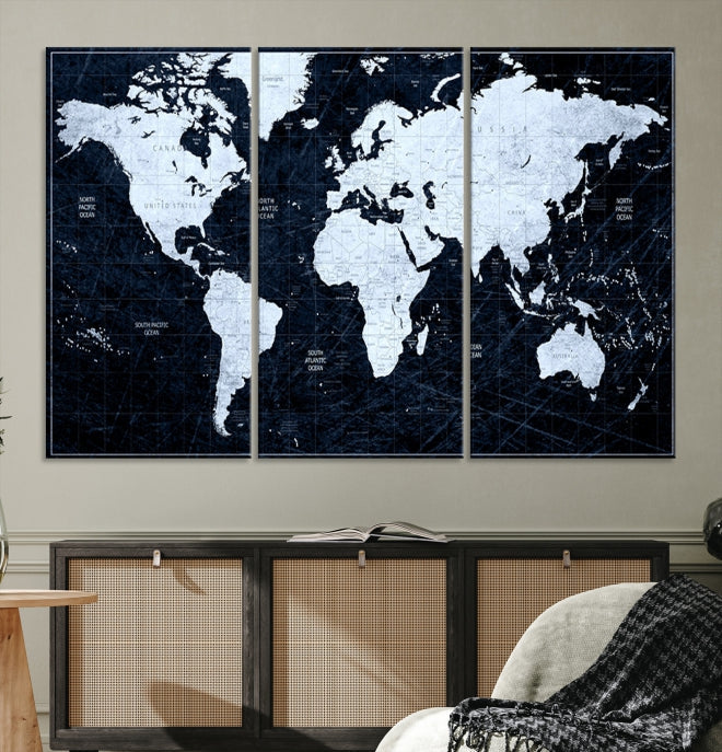 White Colored Push Pin World Map on Jet Black Background Canvas Print Large Wall Art