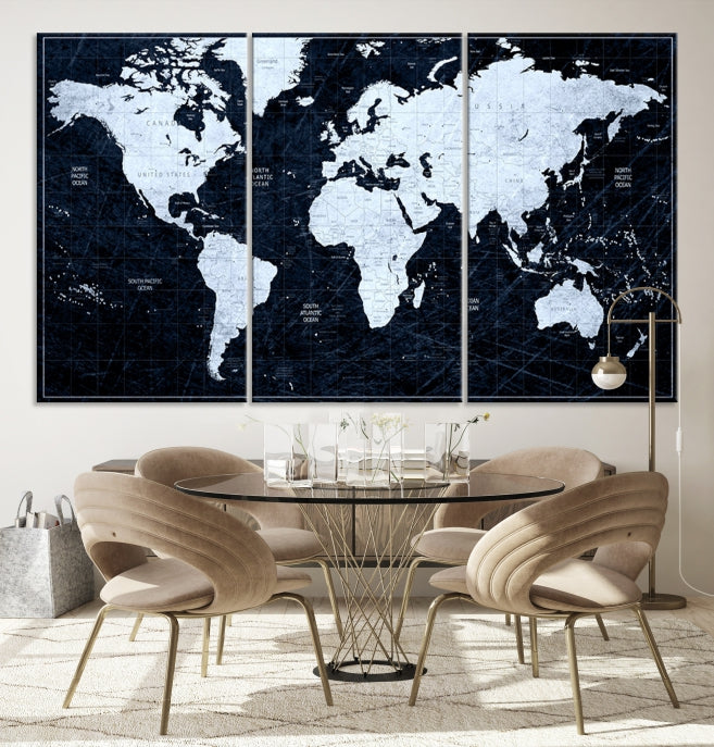 White Colored Push Pin World Map on Jet Black Background Canvas Print Large Wall Art