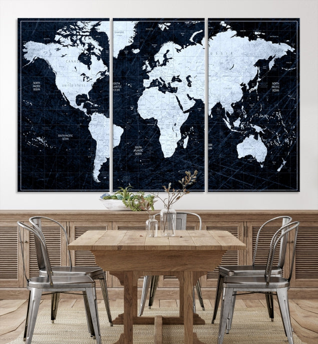 White Colored Push Pin World Map on Jet Black Background Canvas Print Large Wall Art