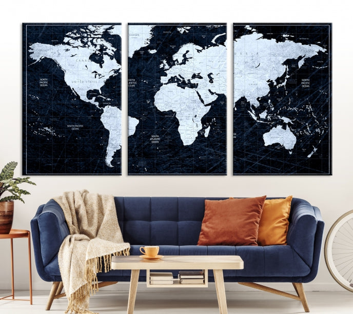 White Colored Push Pin World Map on Jet Black Background Canvas Print Large Wall Art