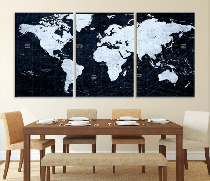 White Colored Push Pin World Map on Jet Black Background Canvas Print Large Wall Art