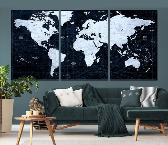 White Colored Push Pin World Map on Jet Black Background Canvas Print Large Wall Art