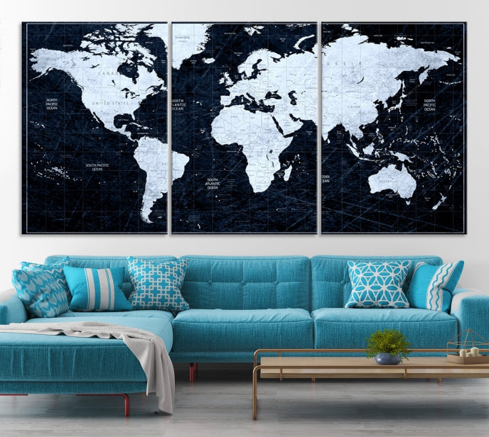 White Colored Push Pin World Map on Jet Black Background Canvas Print Large Wall Art